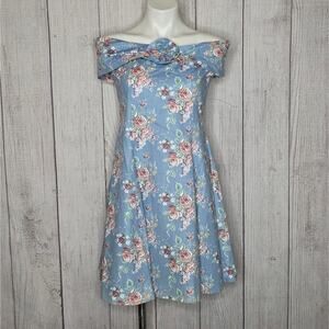 VTG 50s Inspired Blue Floral Off Shoulder Dress, Knot Neckline Fit & Flare, sz M